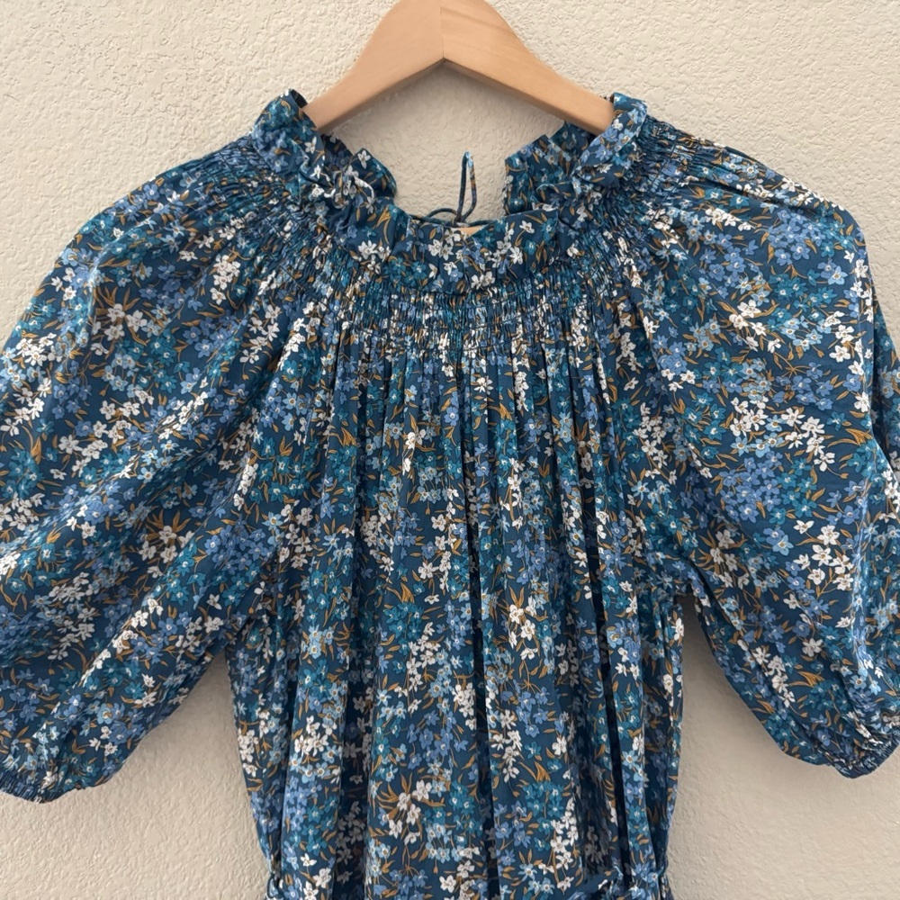 J. Crew Smocked Puff Sleeve Midi Dress XS Liberty Fabric Blue Floral Cottagecore - Picture 7 of 16
